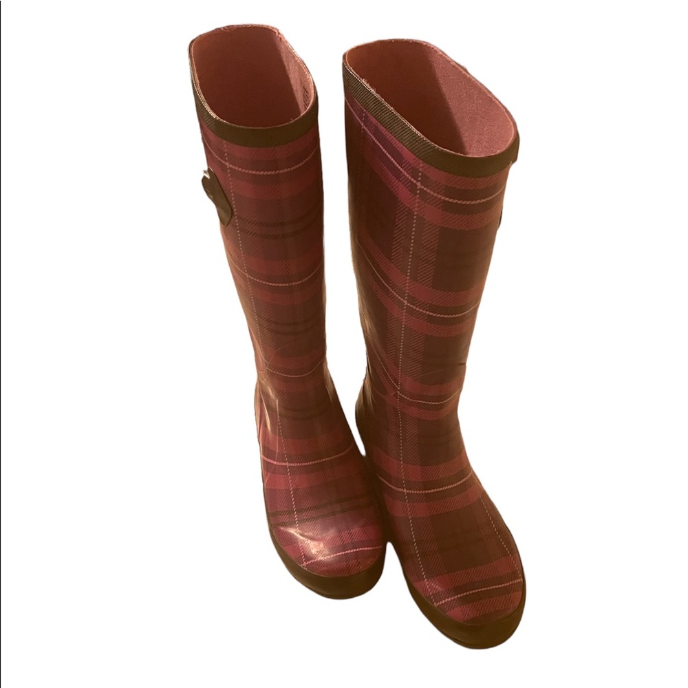 LL Bean Womens size 8 M Rain Boots Plaid Wellies Purple Pink